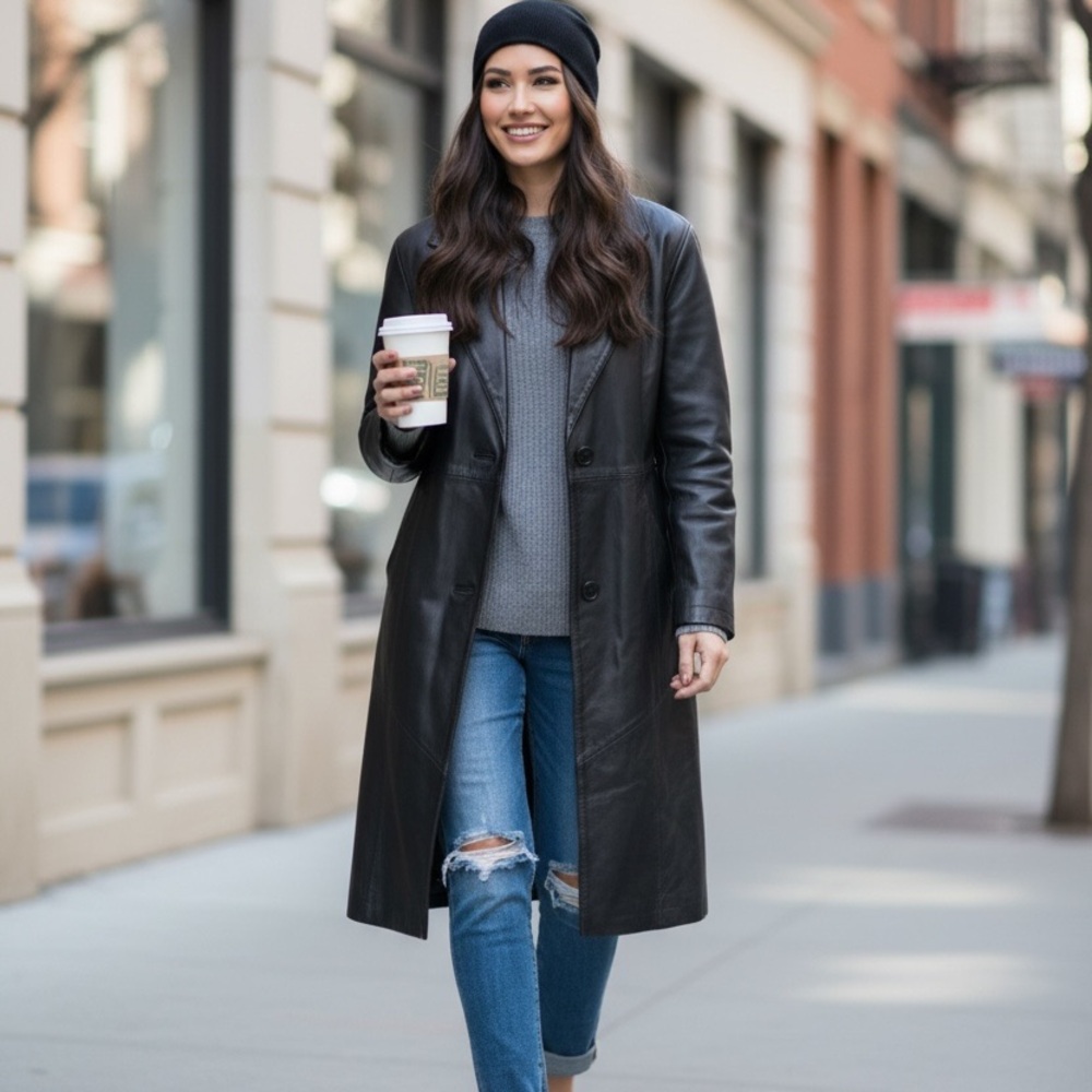 Liz Baker Genuine Leather Coat Black M - Picture 3 of 8